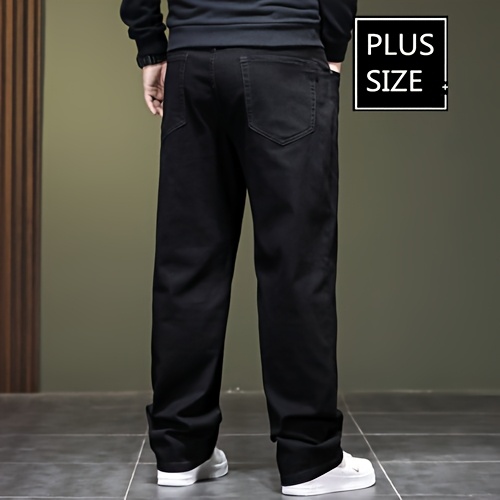 Plus Size Men's Solid Barrel Denim Pants For Spring Fall, Casual Trendy Jeans For Males