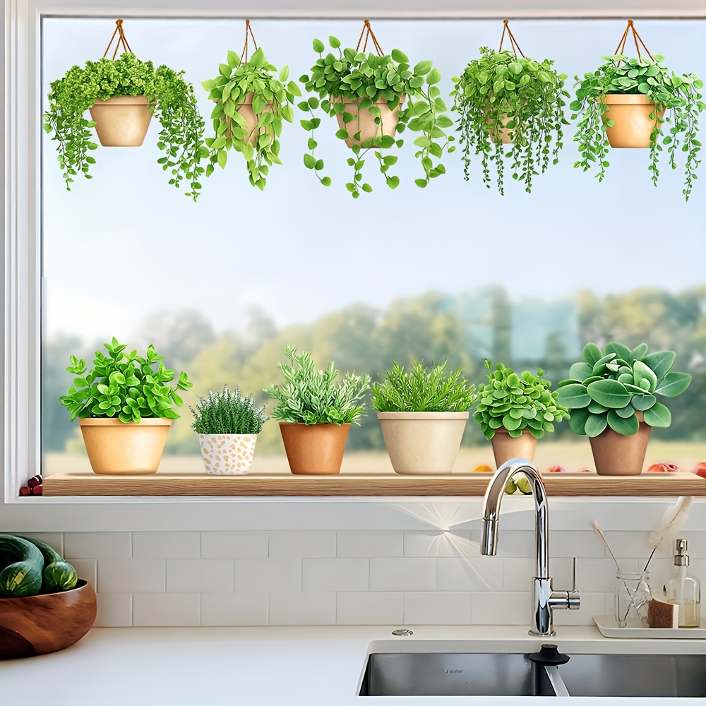 Image of 1pc Creative Simulation Green Plant Pot Glass Sticker, Multi-style Hanging Basket Plants Window Decoration For Natural Vitality To Your Home