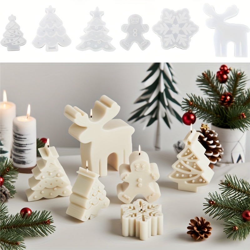 Conjunto de 6 Formas de Silicone Temáticas Natalinas: Reutilizáveis, Macias e Fáceis de Desenformar para Velas Aromaterápicas, Sabonetes Artesanais e Decorações em Gesso – Designs de Árvore, Floco de Neve e Rena – Presente Perfeito para as Festas
