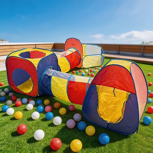 juego de 5 piezas y de tienda de campaña de juego de simulación para niños para interior/exterior, temática 5 en 1, piscina con aro de baloncesto hexagonal + 2 túneles divertidos + 2 castillos, base para escondidas para niños y niñas, regalo ideal para