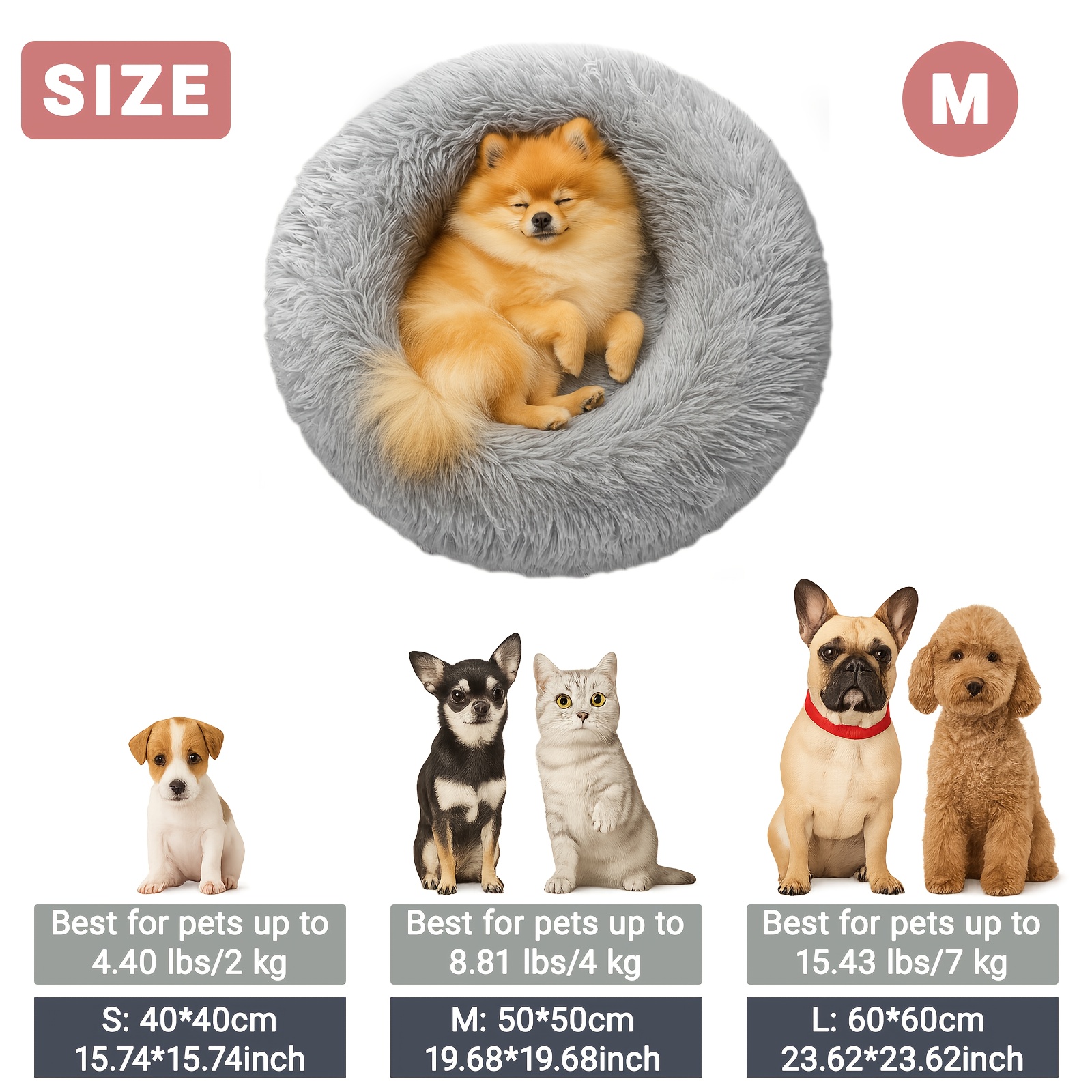 TEMU Thickened Large Size Round Long Plush Dog Bed Cat Bed Pet Bed, 40cm-100cm Dog Bed, Non-slip Base, Made Of Faux Fur, Warm, And Plush Cushions.
