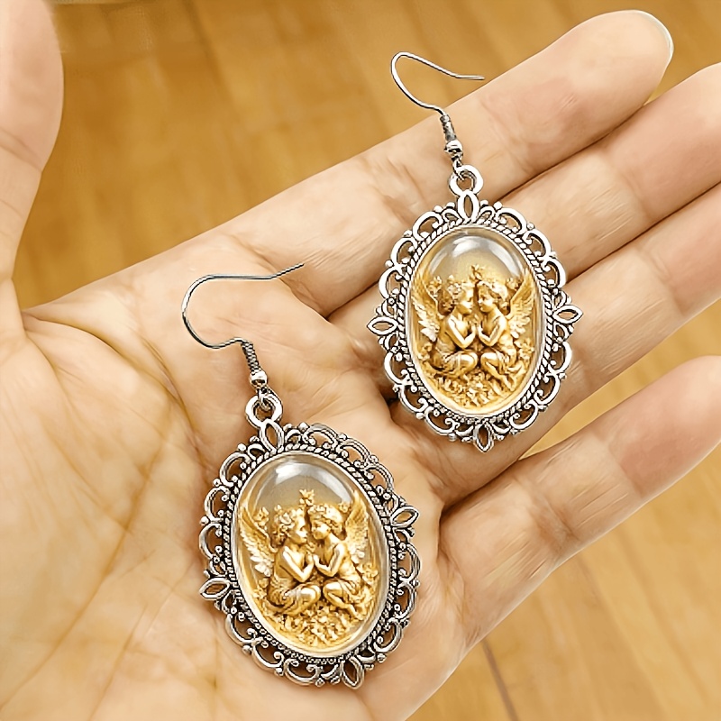 Victorian Antique Silvery Frame Little Angel Oval Glass Earrings