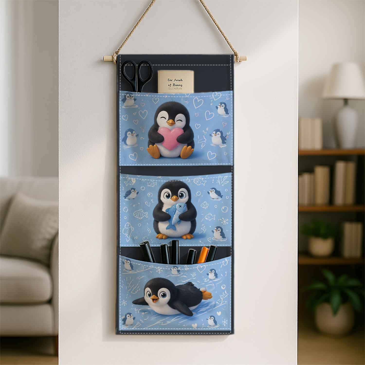 TEMU 1pc Art Classic Wall-mounted Storage Bag For Bedside, Penguin Design Suitable For Hanging Shelves Behind Doors, 3-layer Kitchen Hanging