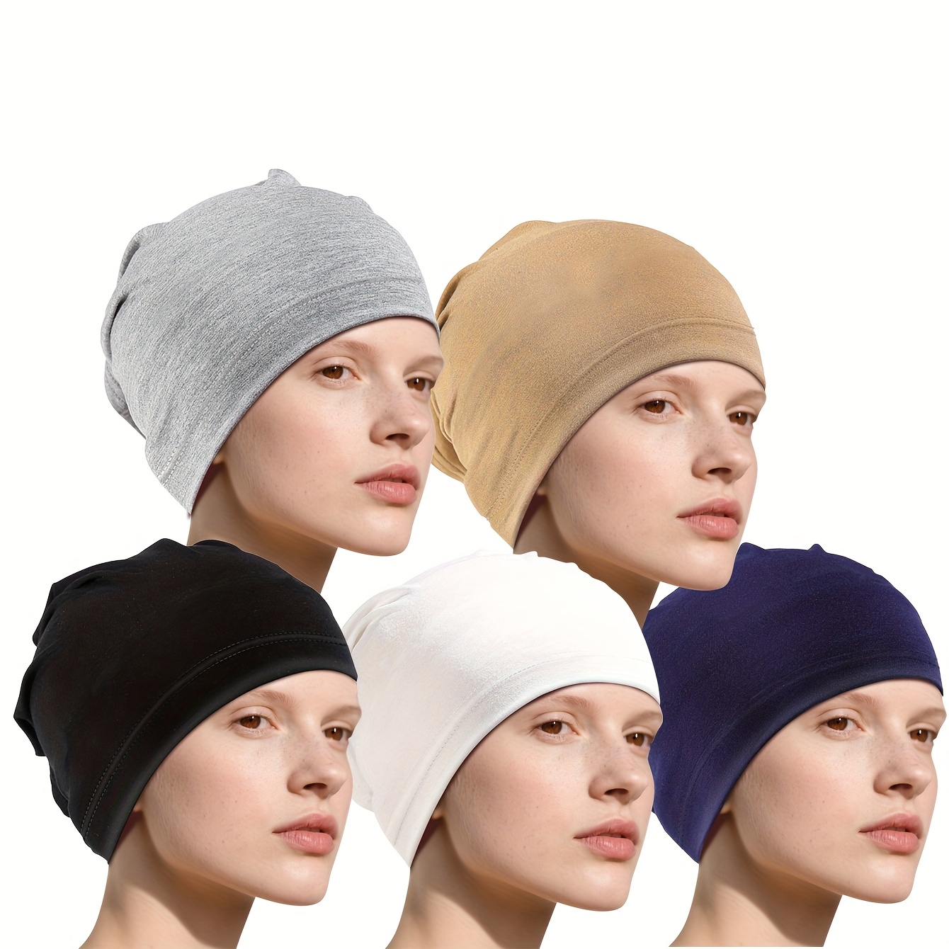 Image of 5pcs Black Solid Color Pullover Beanie Elastic Outdoor Casual Base Cap Suitable For Daily Use Bohemian Style Tube Hat Two-end Easy Headscarf Ramadan Hat Brimless