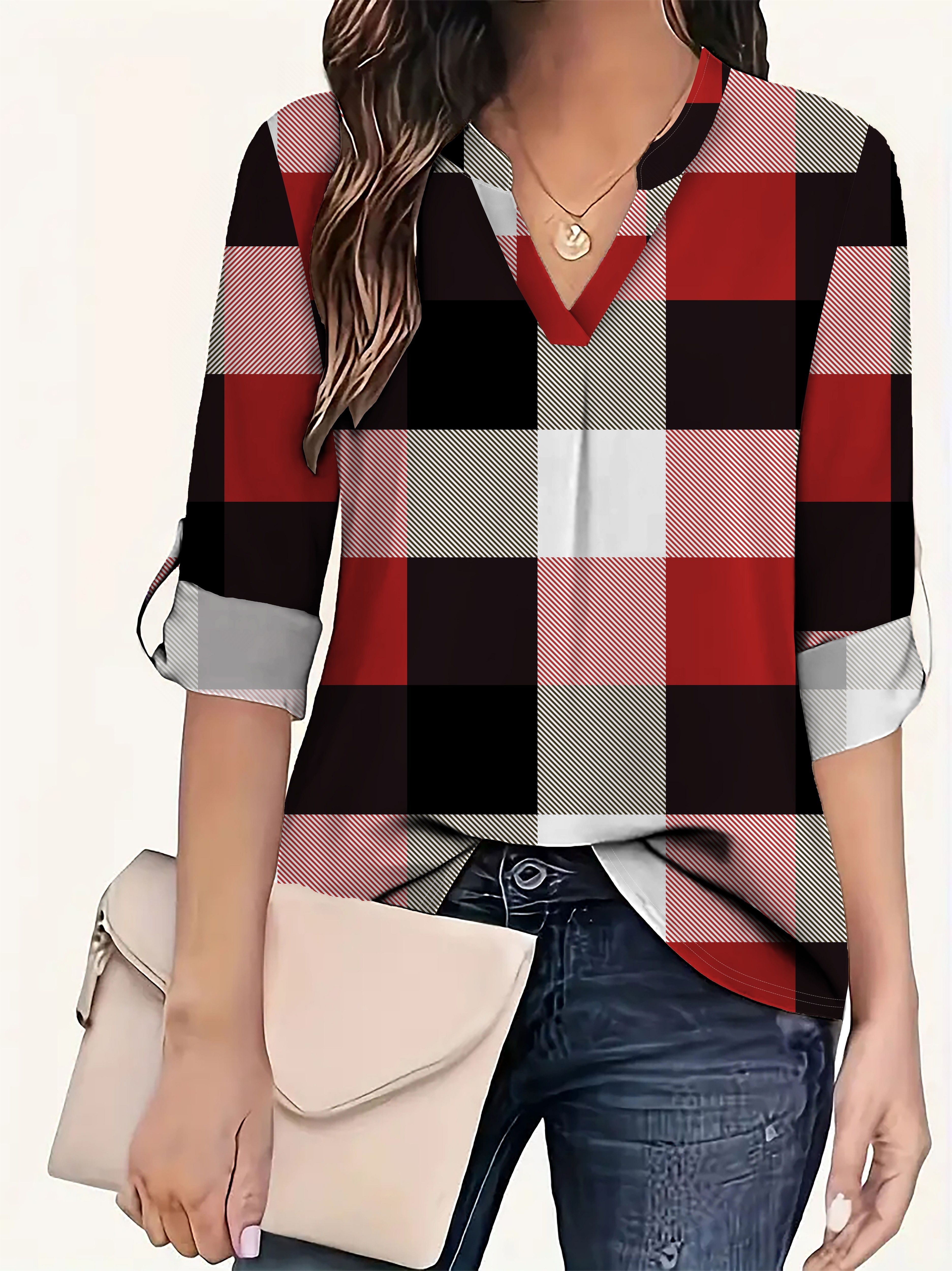 Argyle Print Solid Blouse Casual V Neck Long Sleeve - Temu