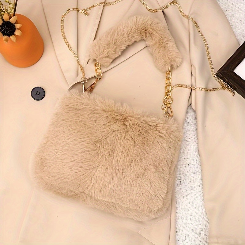 Image of Cute Chain Plush Square Handbag, Women's Autumn/winter Shoulder Crossbody Bag, Fashionable Small Purse