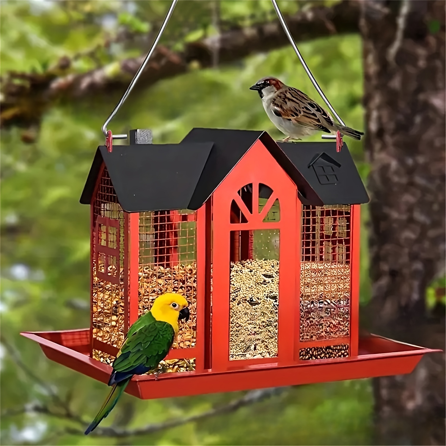 

Bird Feeder House For Outdoors Squirrel Proof, Hanging Bird House, Wild Bird Feeders With Triple Feeders For Outside With Water Cup, Large Feeder, Great For Attracting