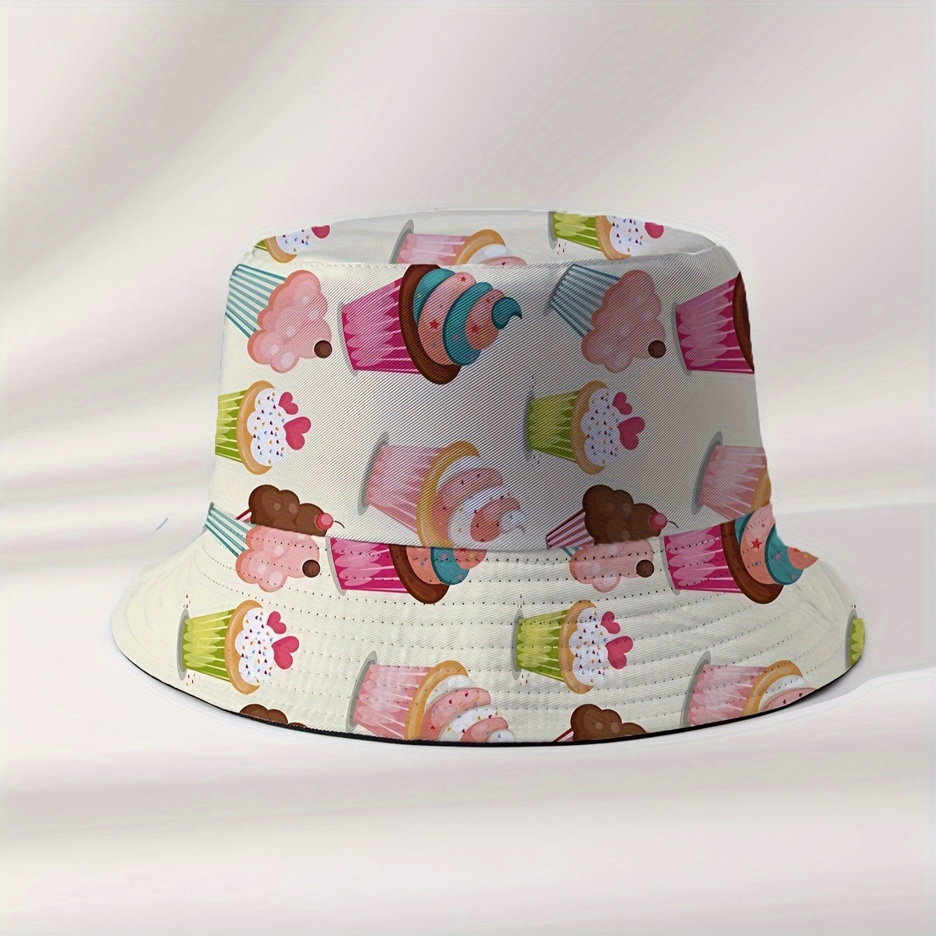 

Polyester Cartoon Cupcake Print Reversible Bucket Hat With Sun Protection, Unisex Double-sided Fisherman Cap With Inelastic Fabric And Printed Design, 1-pack