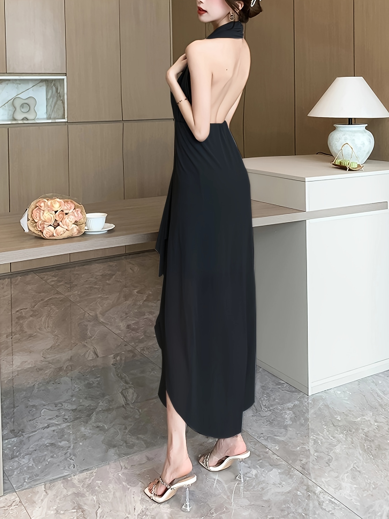 womens elegant black halter neck backless dress sleeveless a