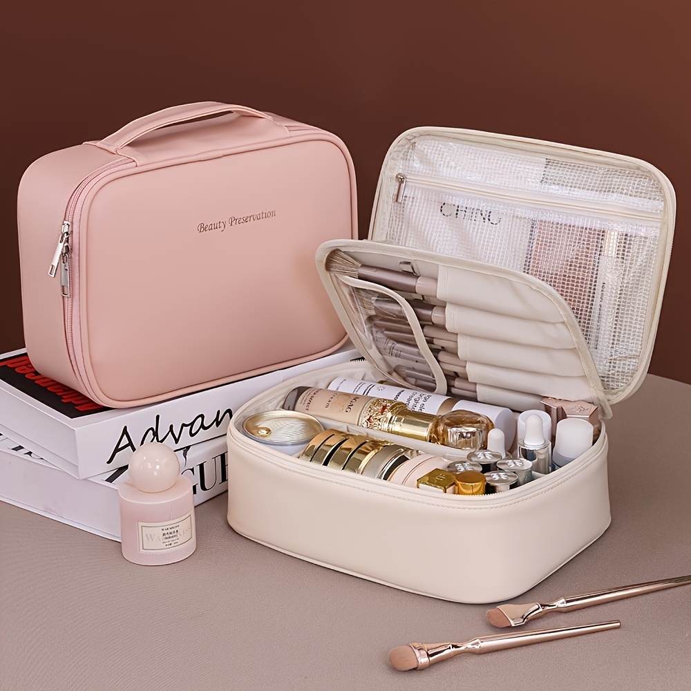 

Portable Makeup Bag With Dividers, Featuring A Large Capacity And Made Of Leather, Any Scent.