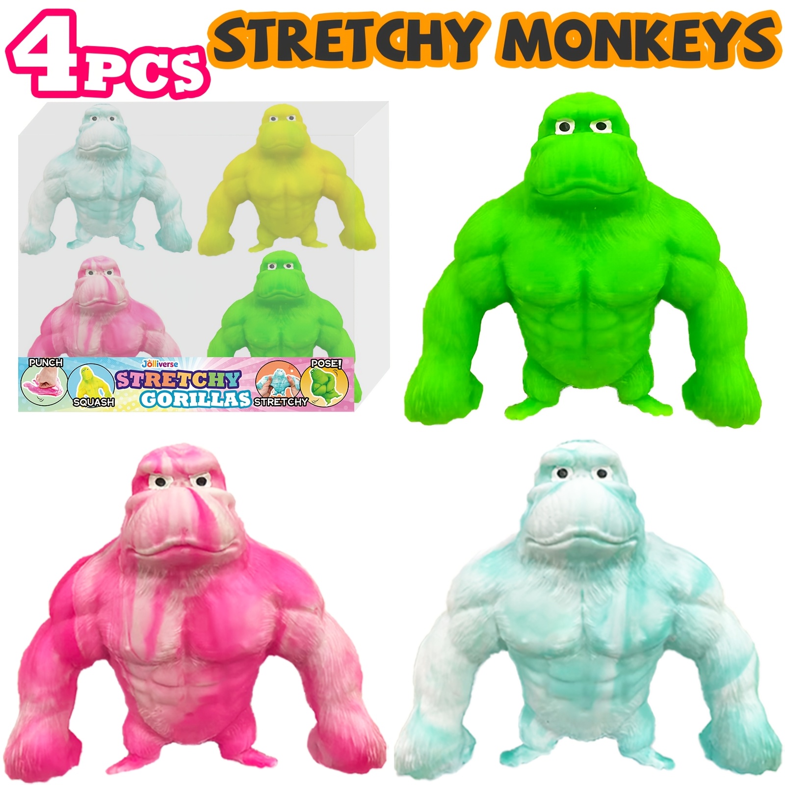 TEMU 4 Pack Mega Gorilla Monkey Sponge-filled Squeeze Toys (4 Stretchy Toys Assorted) Monkey Stuffed Animal Stretch Action Figures & Bendy Toys.