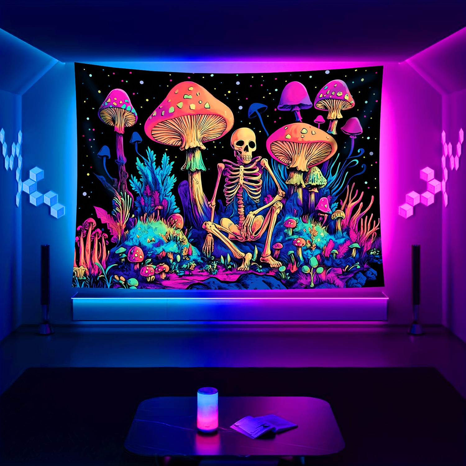 

Large & Mushroom Fluorescent Tapestry - Uv Reactive Wall Hanging For Bedroom, Living Room, Dorm Decor - Includes Easy Install Kit