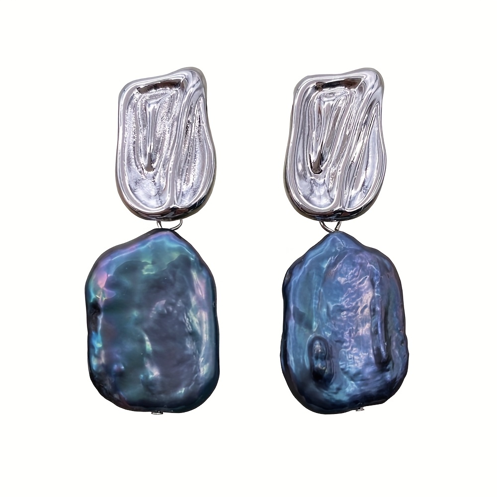 2d Flat - 20mm Blue Flat Rectangle Shape Baroque Style Stud Earring, Natural