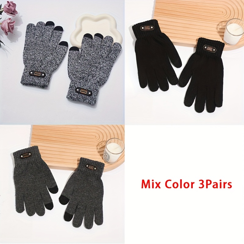 Image of 3pairs Men's Autumn And Winter Knitted Gloves, Classic And Versatile, Outdoor Warm And Windproof Touch Screen Gloves