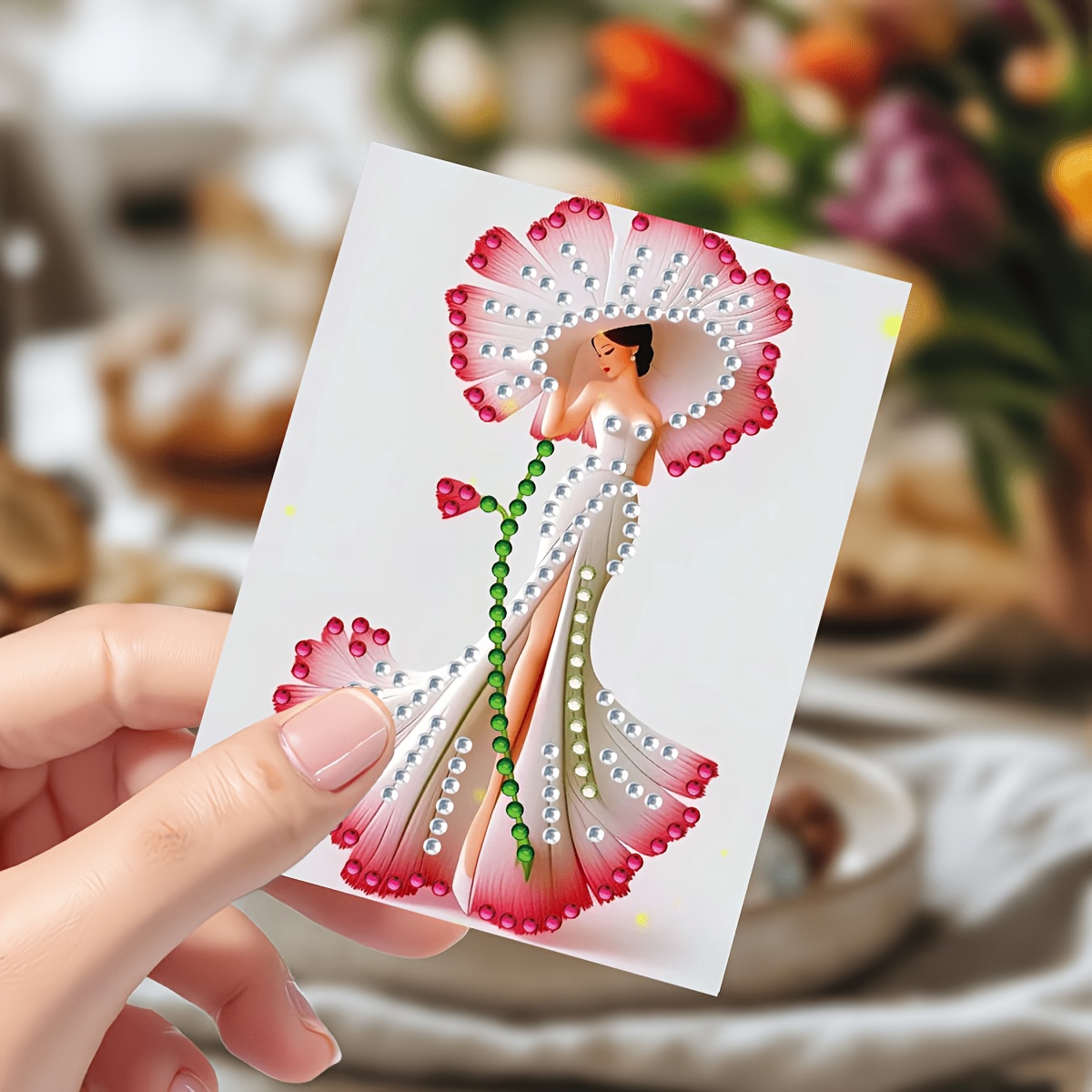 TEMU 6pcs Set Shimmering Diamond Painting Greeting Card Kit, Elegant And Sophisticated Figure , Diy Rhinestone Embellishment, Birthday Greeting Card