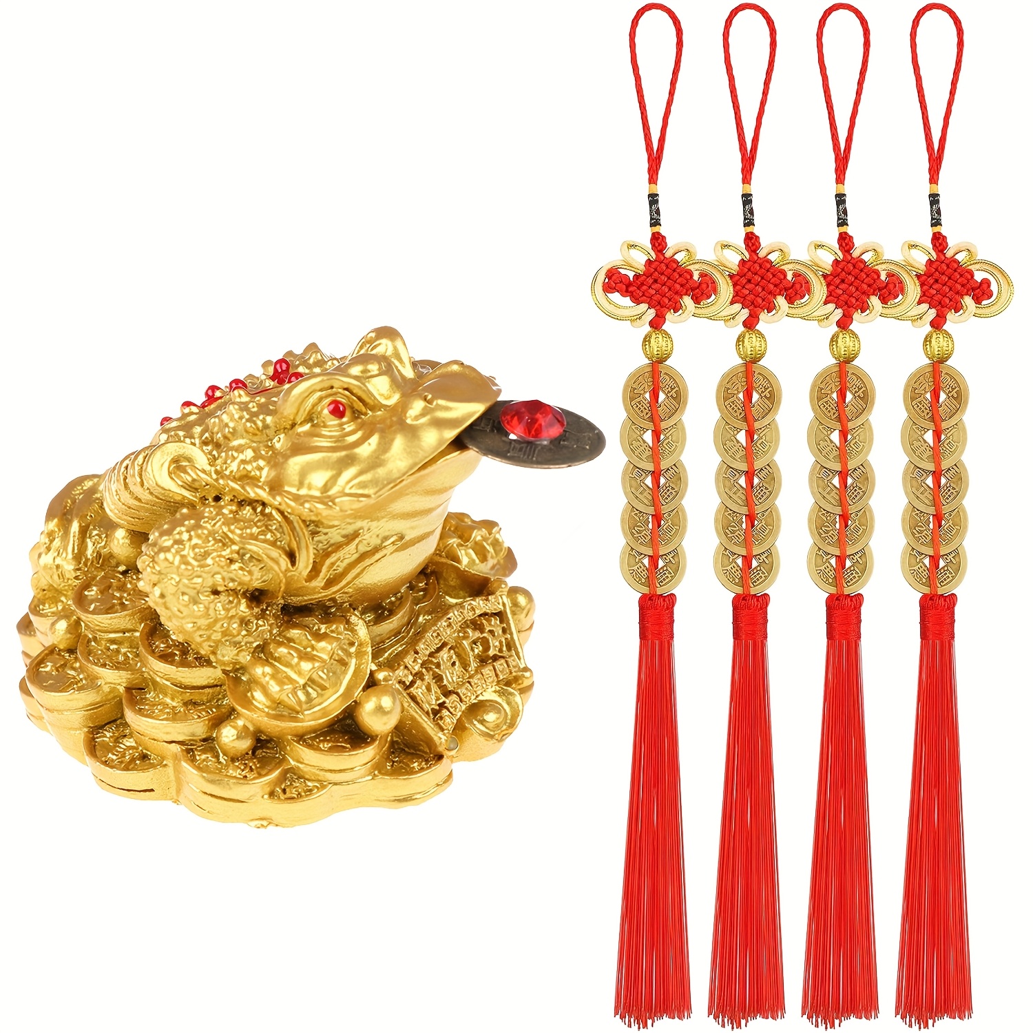TEMU Grenouille de Shui avec 4 Pièces , Nœuds de , Sac Rouge de Bénédiction, Décoration de Crapaud à Pattes Doré pour Attirer et le Succès, Cadeaux