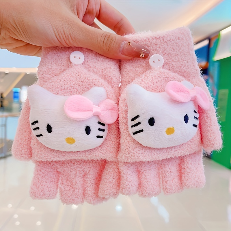 2pcs Sanrio HelloKitty & My Melody Plush Convertible Gloves - Cute Cartoon Fingerless Knit Mittens, Warm Coral Fleece for Women