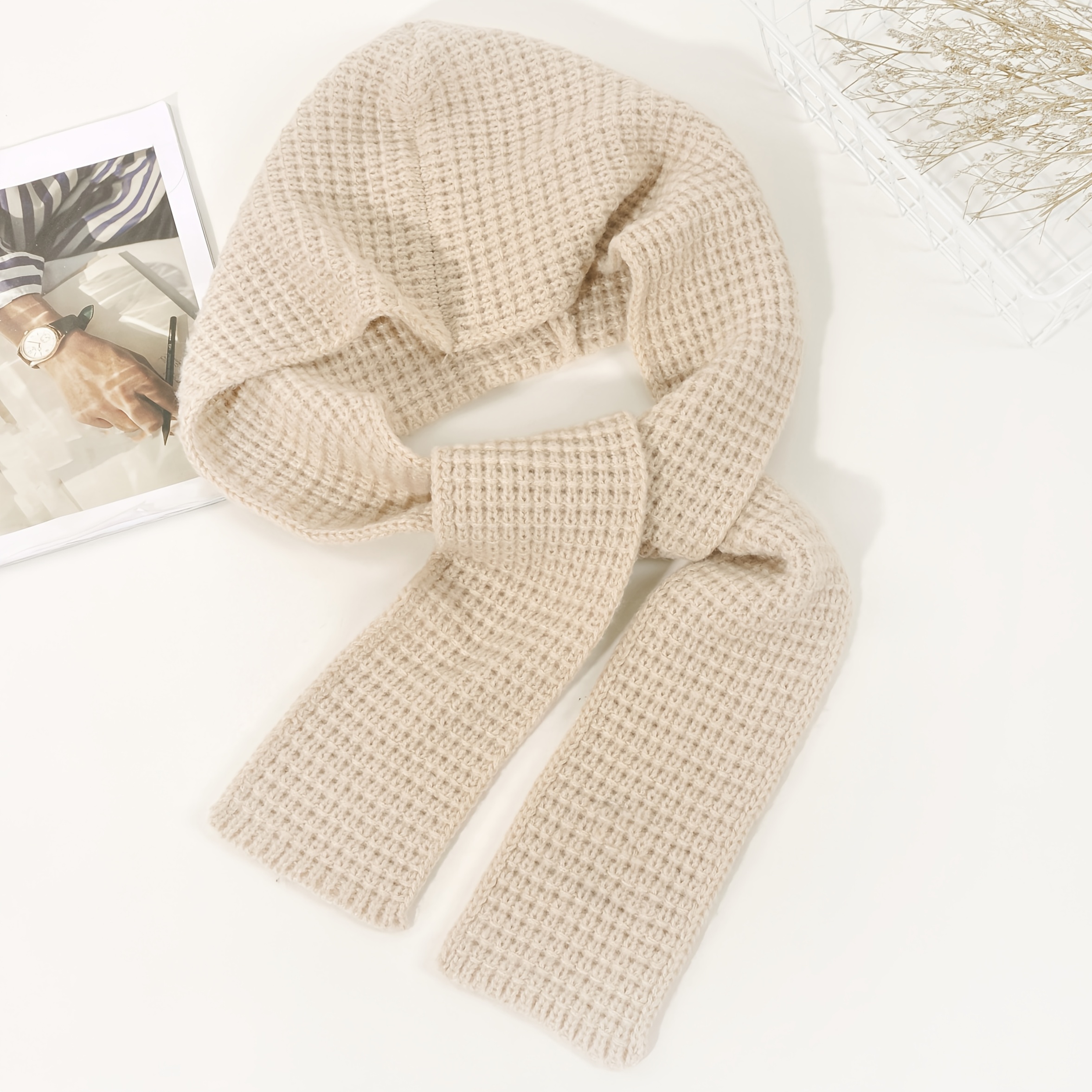 1pc Women's Cable- Hooded Shawl Scarf & Collar - Windproof Winter Wrap Coat Accessory, Soft Warm Ear, Machine Washable Multi-functional Neck Warmer For Casual Outdoors, Office, Travel (non-stretch)