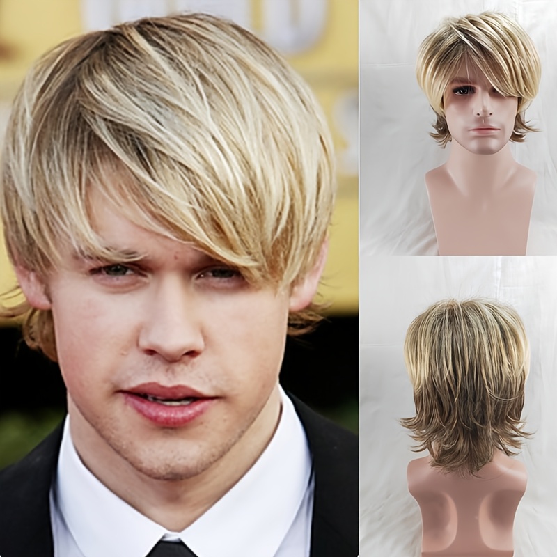 E-shop Synthetische Haare Männer Kurze Lockige Perücke Hitzebeständige Faser mit Pony -Blond Mix Farbe Perücken für Männer