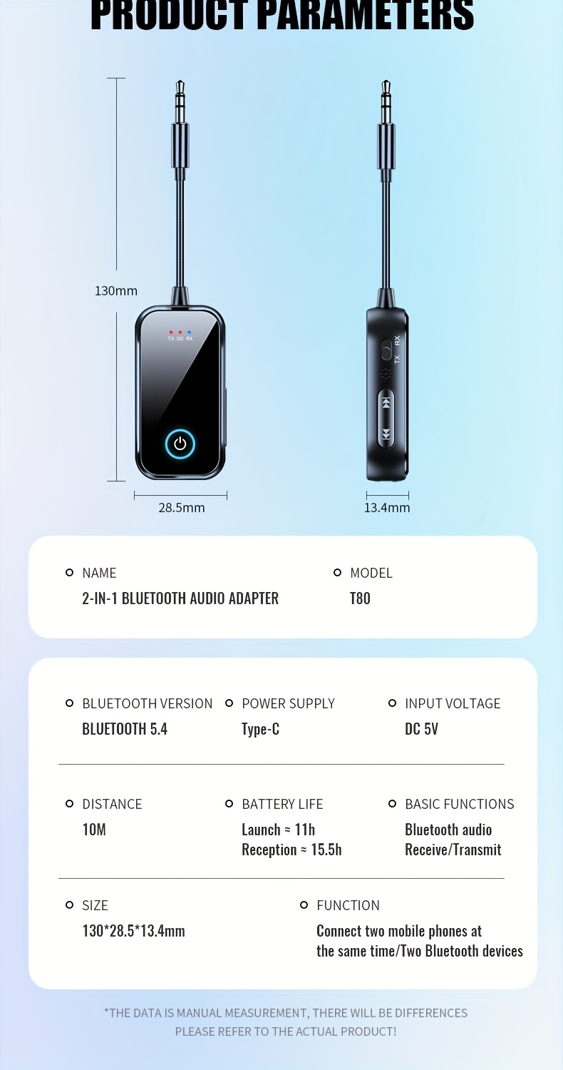 2-в-1 Bluetooth 5.4 Аудио Приемник Предавател, HiFi Стерео Безжичен Адаптер, 3.5mm AUX с Микрофон, Подходящ за Кола, Самолет, Телевизор, Компютър, Говорители
