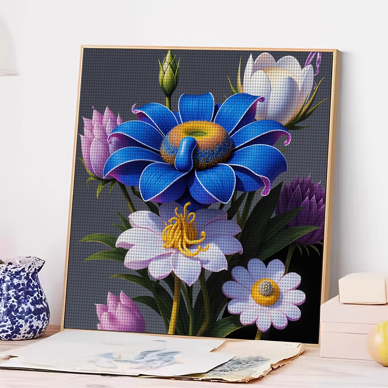 Cross Stitch Printed Kit, Frameless, "Colorful Floral Bouquet" Pattern