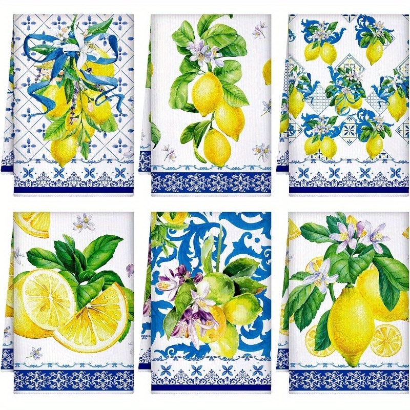 Image of 6pcs Lemon Pattern Hand Towels, Polyester Fiber Dishwashing And Tea Towels, Suitable For Summer And Christmas Decor, Hand Towel, Bathroom, Home Decor