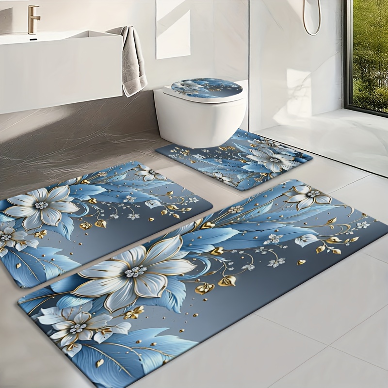 TEMU 4pcs Blue And Golden Pattern Printed Rug Set - High Pile, Home Decor, Flannel Material, 1.2cm Thickened Sponge, Non-slip, Ideal For Home Use,