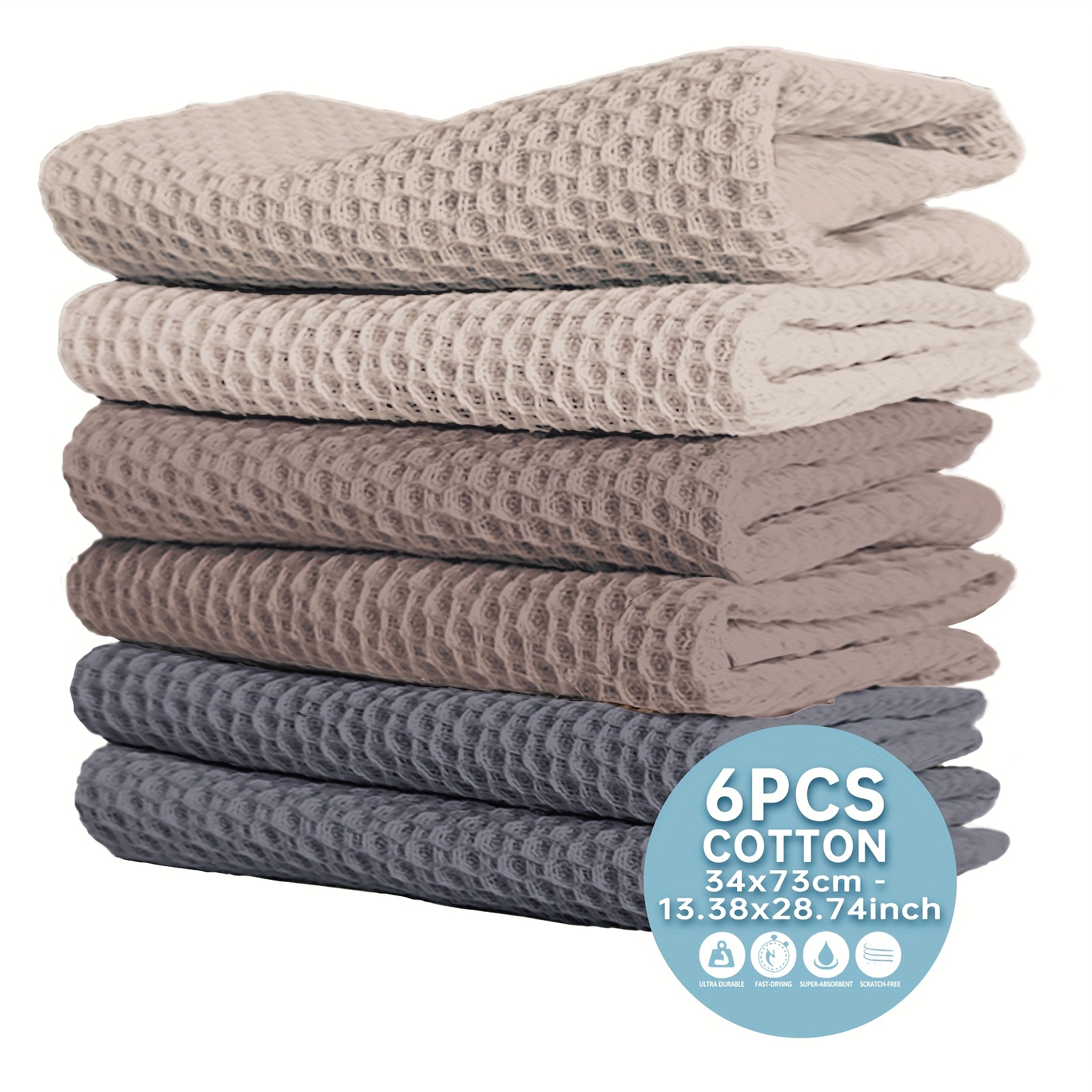 6pcs, Waffle Kitchen Towel-34X73Cm/13.38X28.74 Inches, Pure Cotton, Ultra-Soft, Water-Absorbing Quick-Drying Rag, Dishcloth, Dishcloth Set