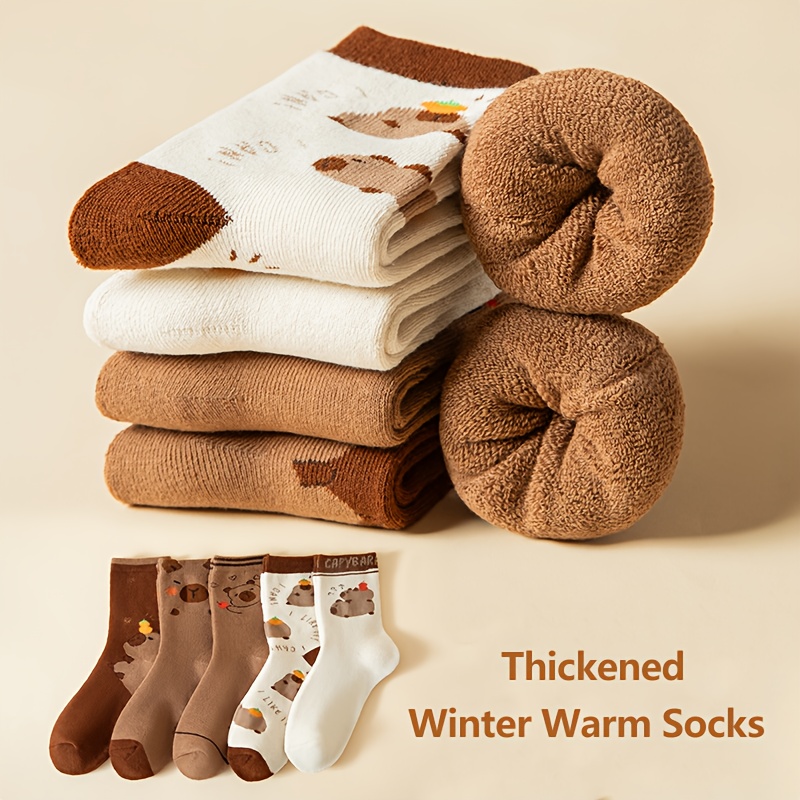 5 Pairs Thickened Fleece Winter Warm Socks Cartoon Capybara Cute Boys' Socks