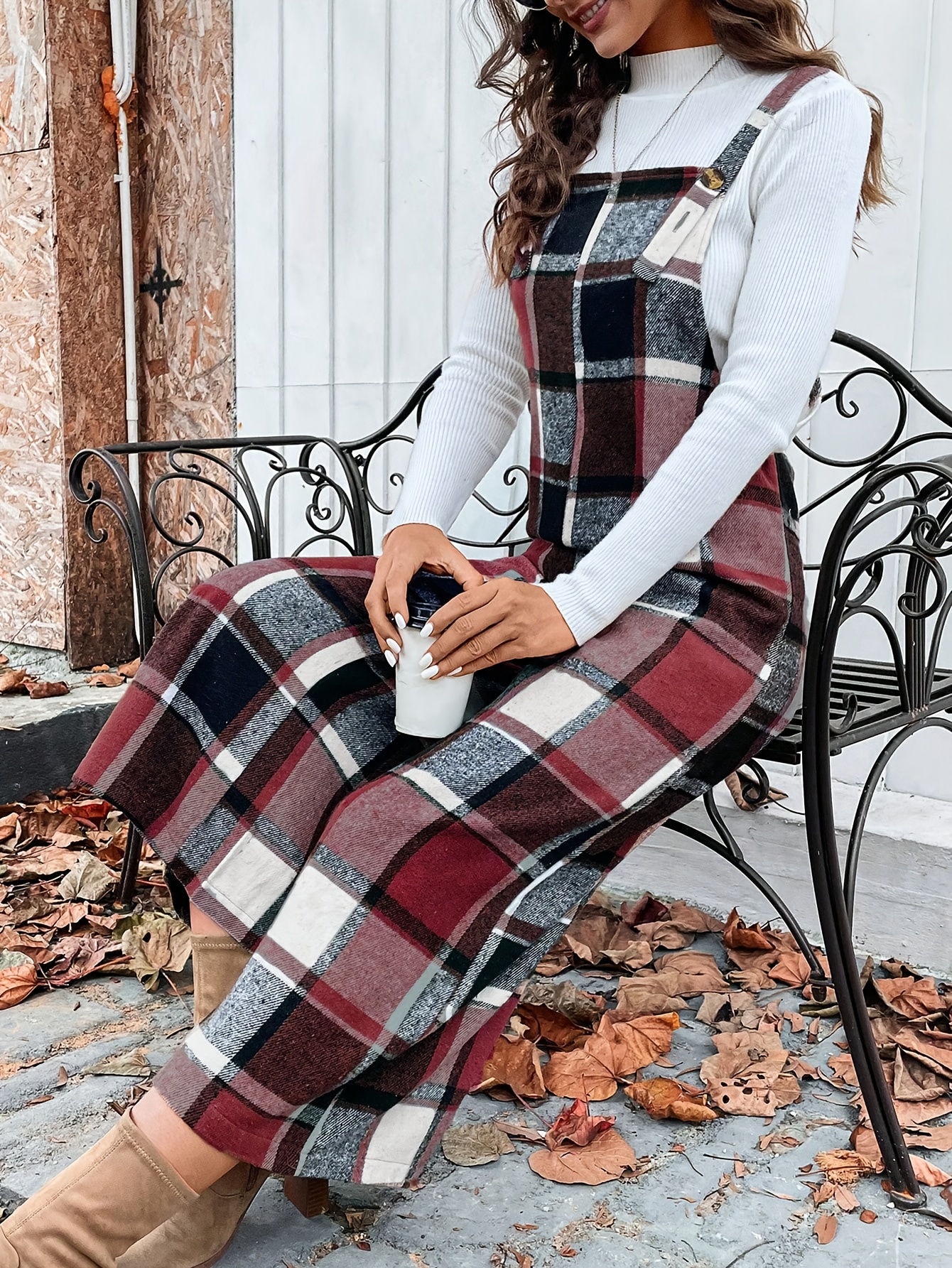 elegant tartan overalls women polyester 95% spandex 5% Temu