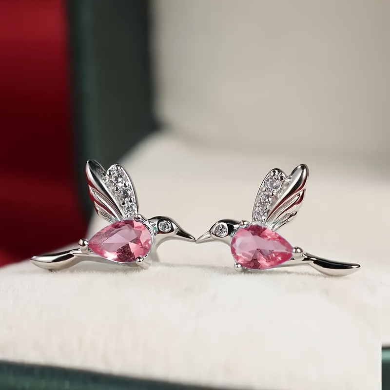 Hummingbird Stud Earrings with Purple Faux Gemstone
