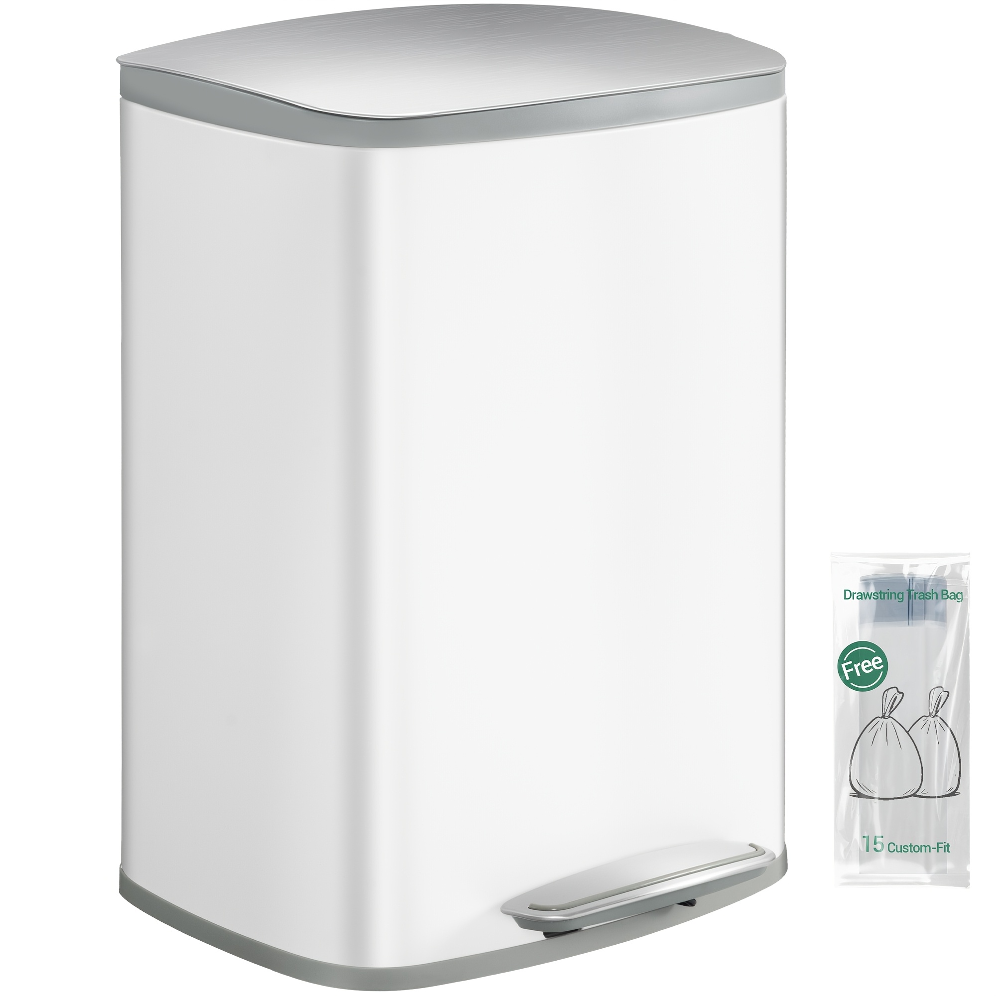 TEMU Poubelle de cuisine, 50 litres, à pied, avec couvercle à fermeture lente et seau intérieur, 15 sacs poubelle, en acier