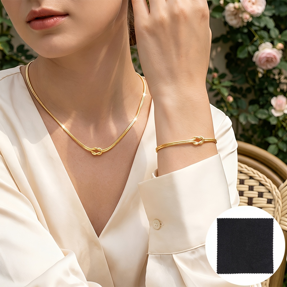 TEMU High-quality Adjustable Stainless Steel 18k Gold Plated Stackable Round Snake Knot Necklace And Bracelet Set + 1 Jewelry Cleaning Cloth –