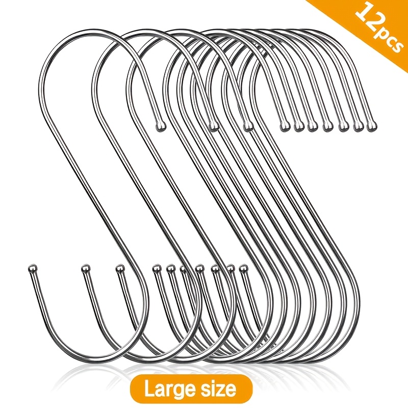 Image of 12pcs Extra Large Hooks, Heavy Duty Stainless Steel Hooks, Metal Hangers For Kitchen, Steel Pipe, Hanging Clothes, Utensils, Tableware, Plants, Towels And Garden Tools