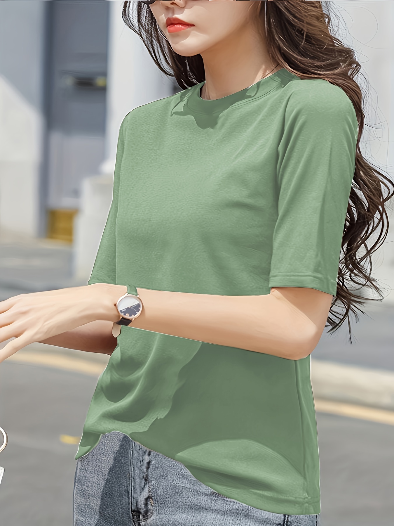 Women'S Elegant Solid Color Crew Neck T-Shirt, Short Sleeve Casual Summer Top, Lightweight Polyester Fabric, Regular Length, No Stretch, for Casual Attire