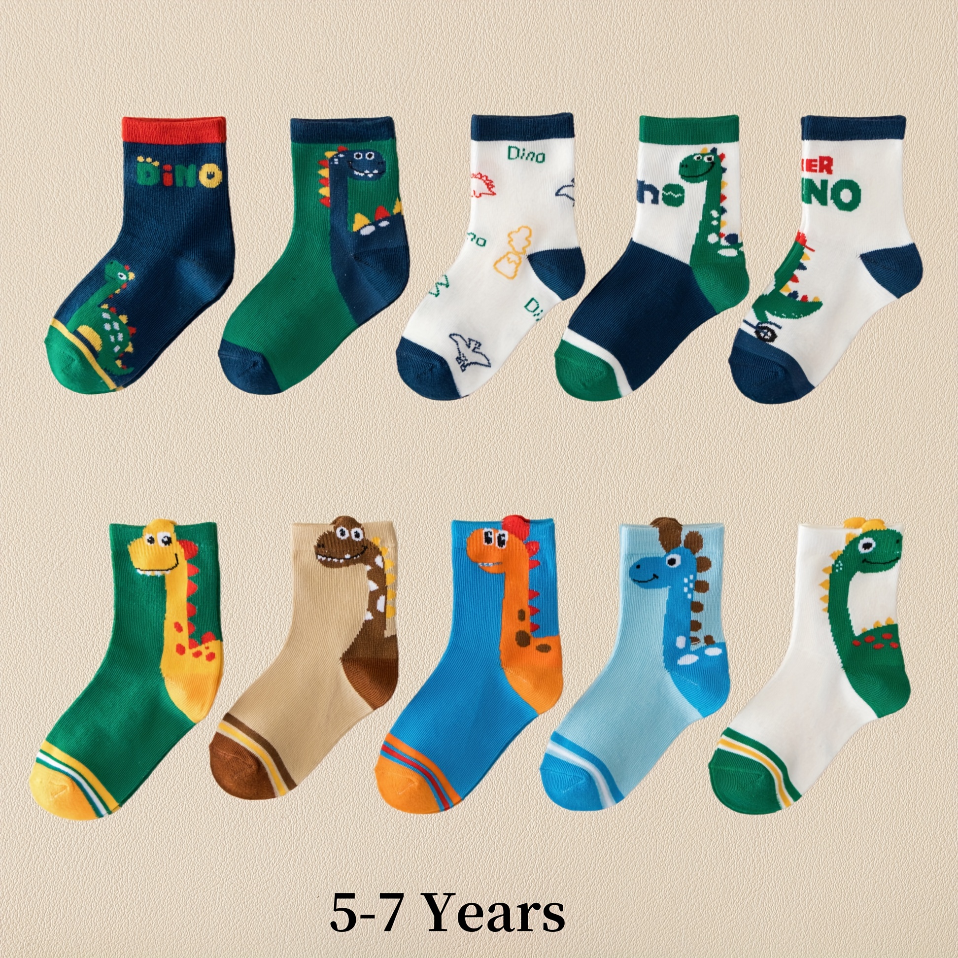 10 Pairs Of Boys' Cartoon Dinosaur Pattern Cute Socks, Mid-calf Fashion Kids Socks 1-12,fall And Winter Clothes