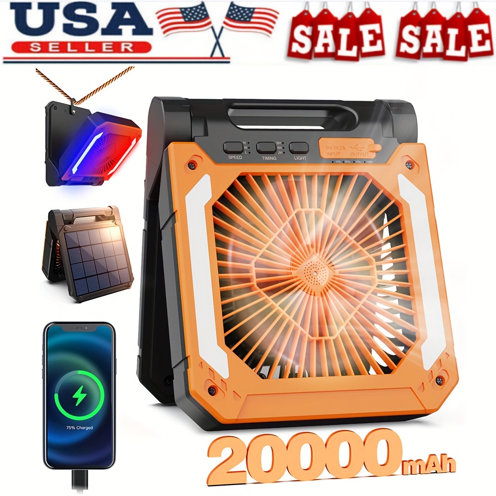 

20000mah Solar Powered Camping Fan - 3- Foldable Rechargeable Desk Fan With Led Light, Sos Strobe, Hangable Usb Charger Port, Timable, And Power Bank For Home, Office, Travel, And