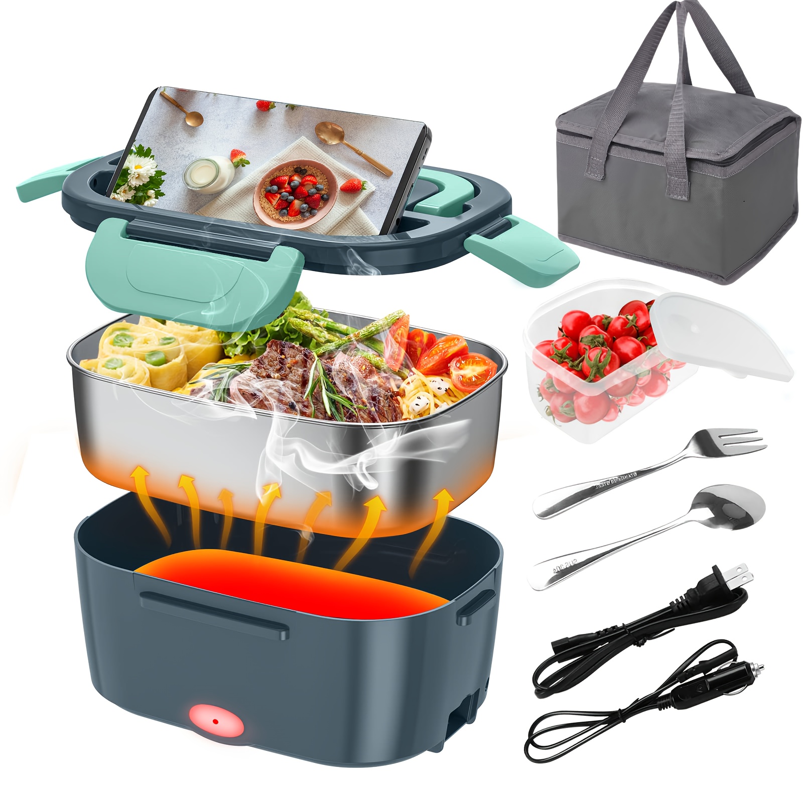 

3-in-1 Portable Electric Lunch Box With Leakproof Heater - 1.5l Stainless Steel Container, Tableware & Meal Bag Included - Ideal For Car, Home, Or Trunk Use