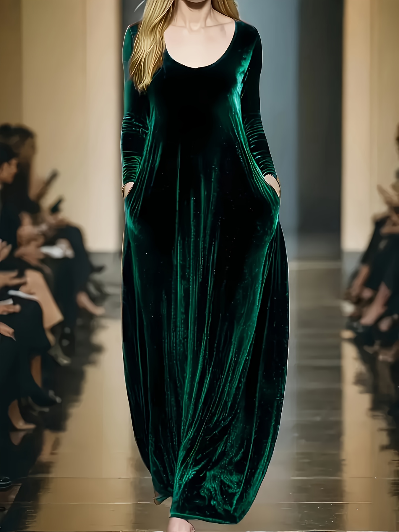 womens elegant emerald green velvet like dress   fit long sleeve a line formal semi formal dress with pockets machine washable   evening gown for weddings dinners special occasions luxury fabric   silhouette Product details 4
