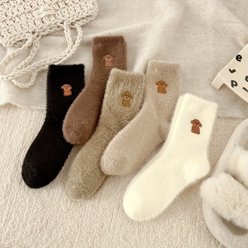 TEMU 5-pack Brown Plush Embroidered Puppy Cartoon Socks For Women, Mid-calf Thick Warm Lined Floor Socks For Autumn And Winter