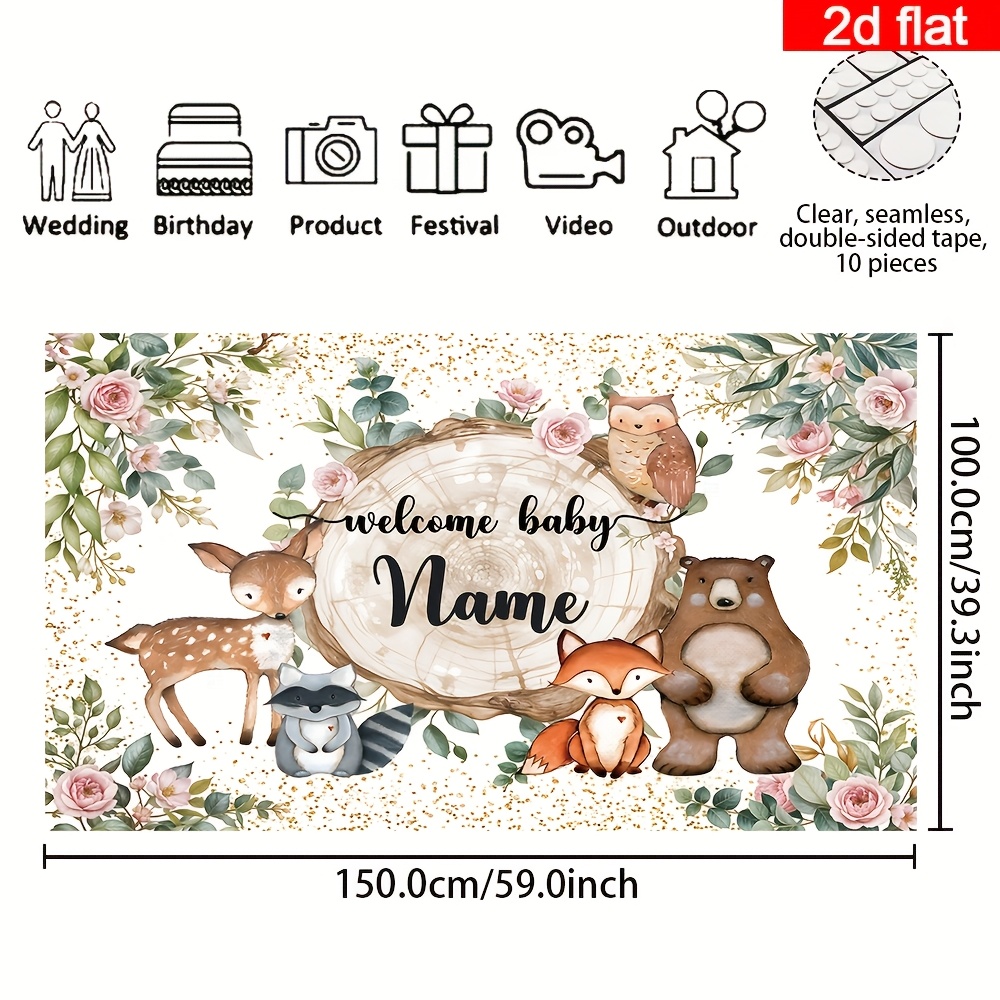 TEMU 2d Flat Banner, 1pc Customizable Name Baby Shower Party Banner, Polyester Plant Floral Wild Animal Golden Dots Theme Photography Backdrop,