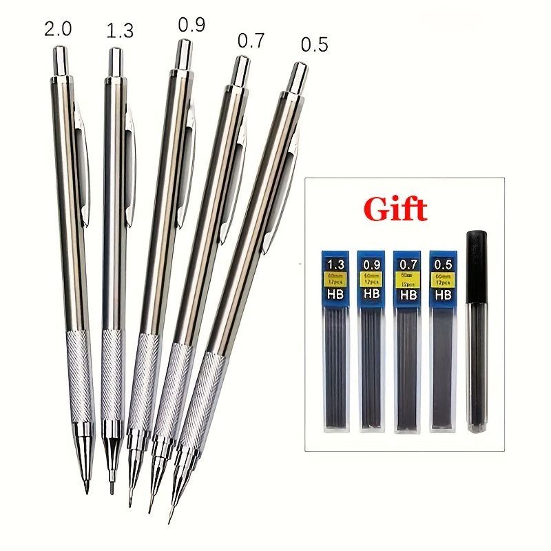 

2pcs/set, 0.5/0.7/0.9/1.3/2.0mm Mechanical Pencil With Refills Set, Metal Pencil With Refill, Office And School Supplies (1 Pencil + 1 Box Of Refill)