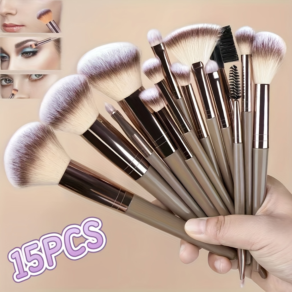 Image of 15pcs Luxurious Plush Makeup Brush Set, Soft Nylon Bristles, Types, Unscented, Palm Brushes, Low Allergenic, Abs Plastic Handles, For , Contouring, Blending, Eye Detailing