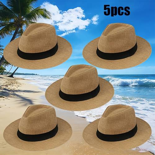 5pcs unisex outdoor casual straw hats suitable for spring summer and autumn vacations weddings and birthday parties essential hat for beach parties breathable and lightweight top hat panama couple hats flat brim jazz hats non stretch