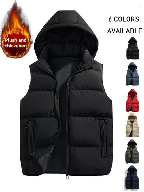 christmas gift 1pc mens solid color hooded vest loose large size thick warm sleeveless vest all match outerwear vest teenager autumn winter style hooded vest removable hood winter clothes for men mens gifts ideas