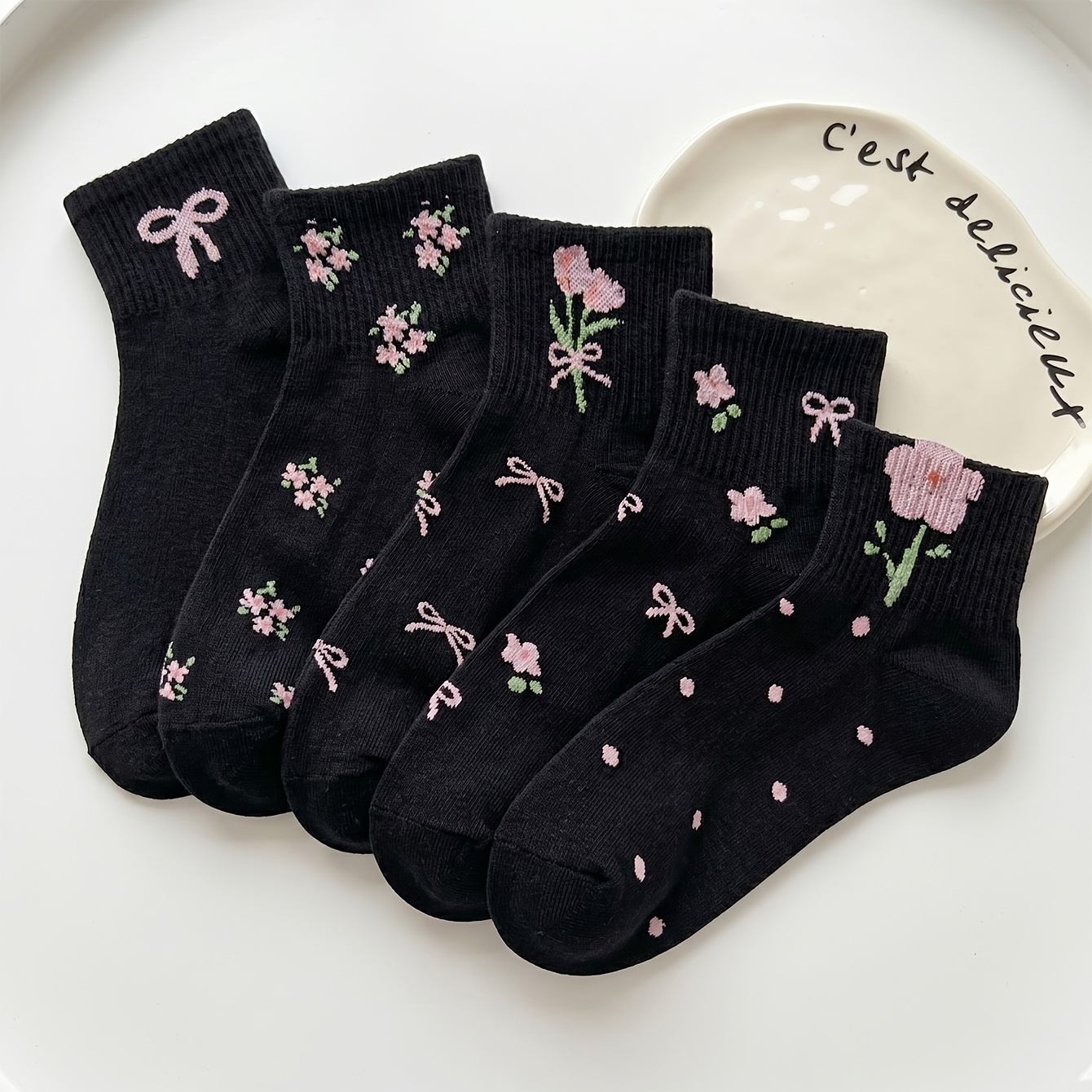 TEMU 5-pair Women's Cute Bow And Floral Pattern Ankle Socks, Stylish And Comfortable, Moisture-wicking, Suitable For Daily Wear, Sports, And Leisure