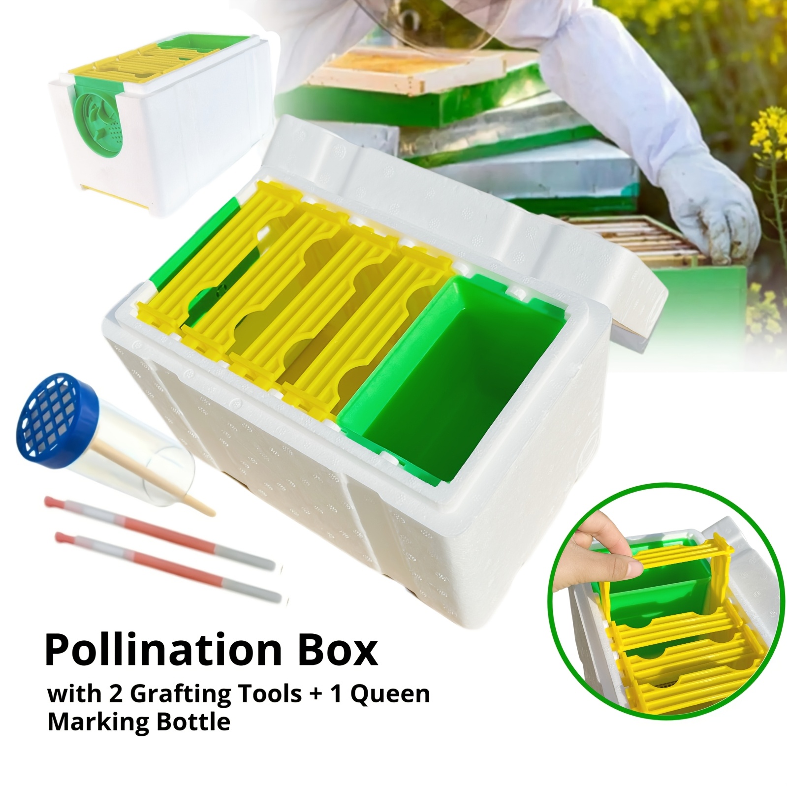 TEMU A Professional Queen Rearing Kit That Includes A Queen Mating Pollination Box, A High-density Foam Hive With 4 Frames, 2 Grafting Tools, And A