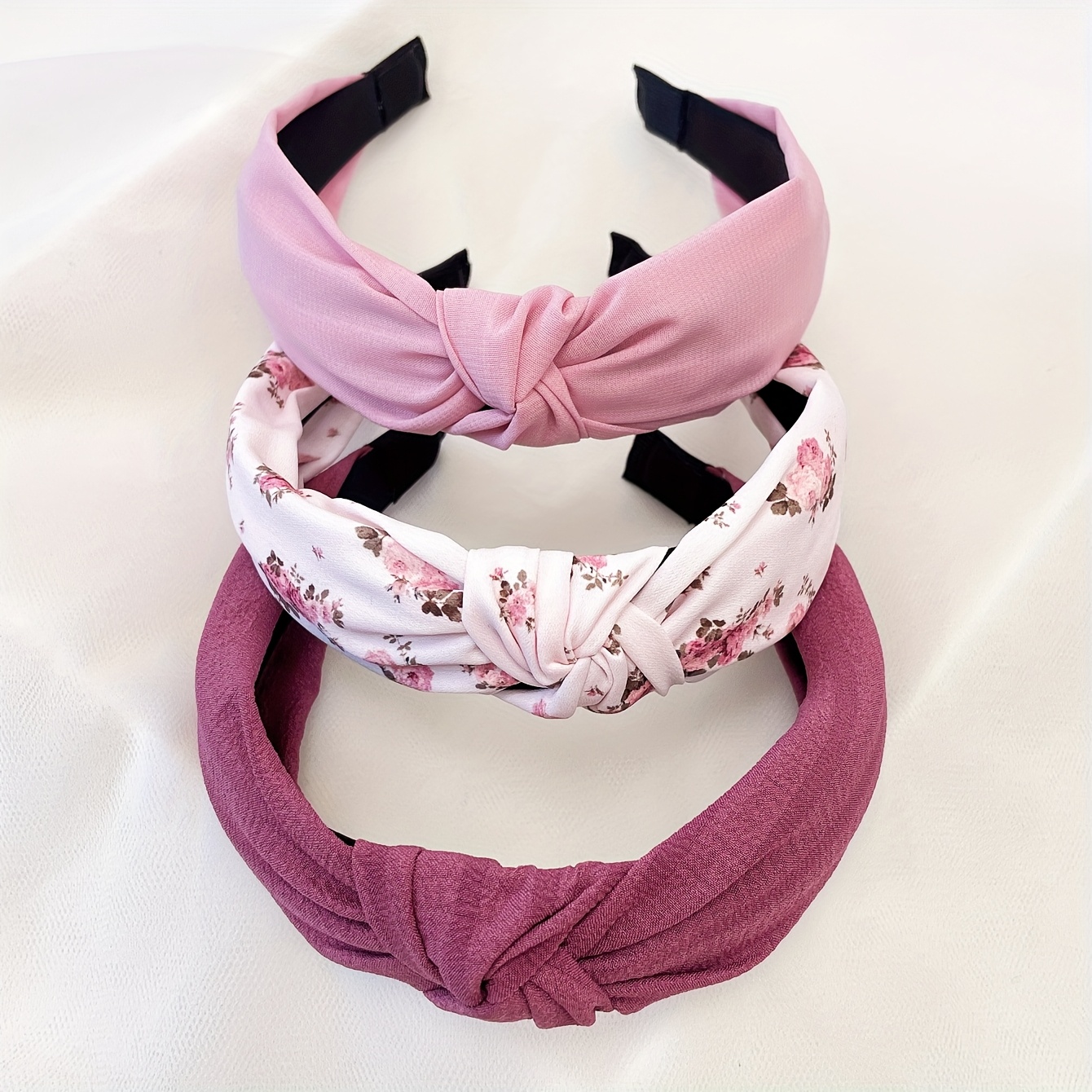 Image of Set Of 3 Women's Pink Floral Solid Color Fabric Wide Headbands, Hair Accessories For Daily And Holiday Use