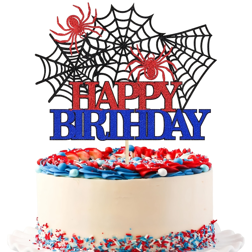 TEMU 1pc Glitter Web Happy Birthday Cake Topper, Themed Cake Pick, Superhero Themed Birthday Party Cake Decorations Supplies