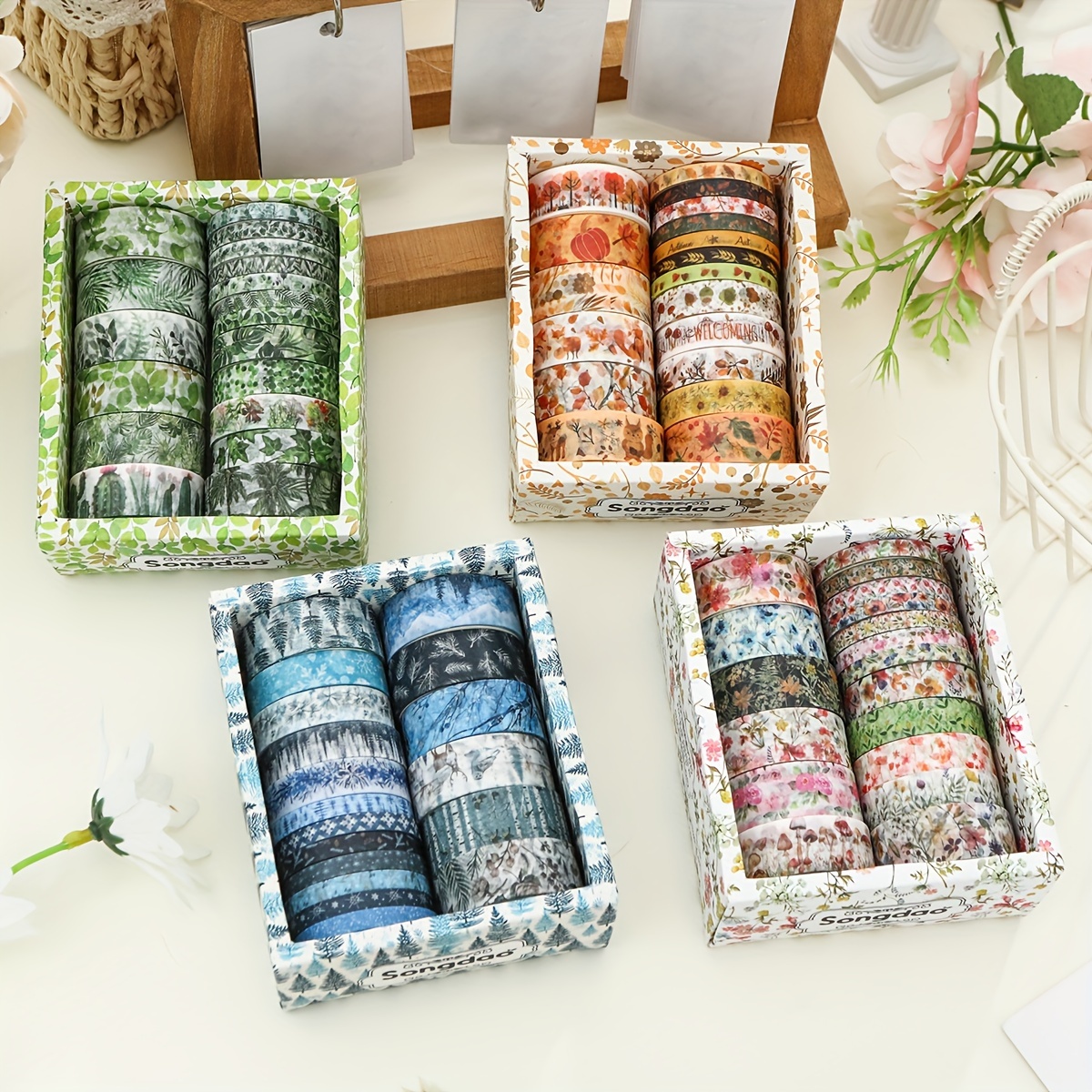 

18-roll Vibrant Plant Series Washi Tape Set - Decorative Adhesive For Creative Crafting, Gift Wrapping, Scrapbooking, And Diy Projects - Non-waterproof, , And Removable